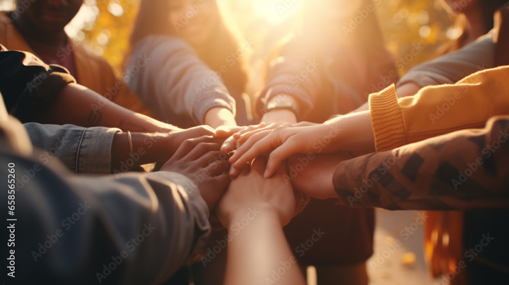 Obraz premium group of people holding hands in front of fireplace