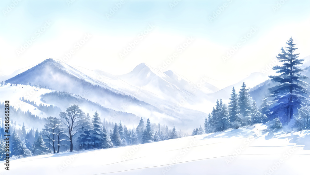 watercolor winter mountains landscape with pines and hills