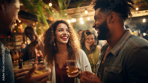 Multiracial friends celebrating party drinking cocktails at bar restaurant - Young people having fun hanging out on weekend day - Life style concept with guys and girls enjoying time together photo