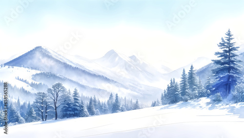 watercolor winter mountains landscape with pines and hills © Nisit