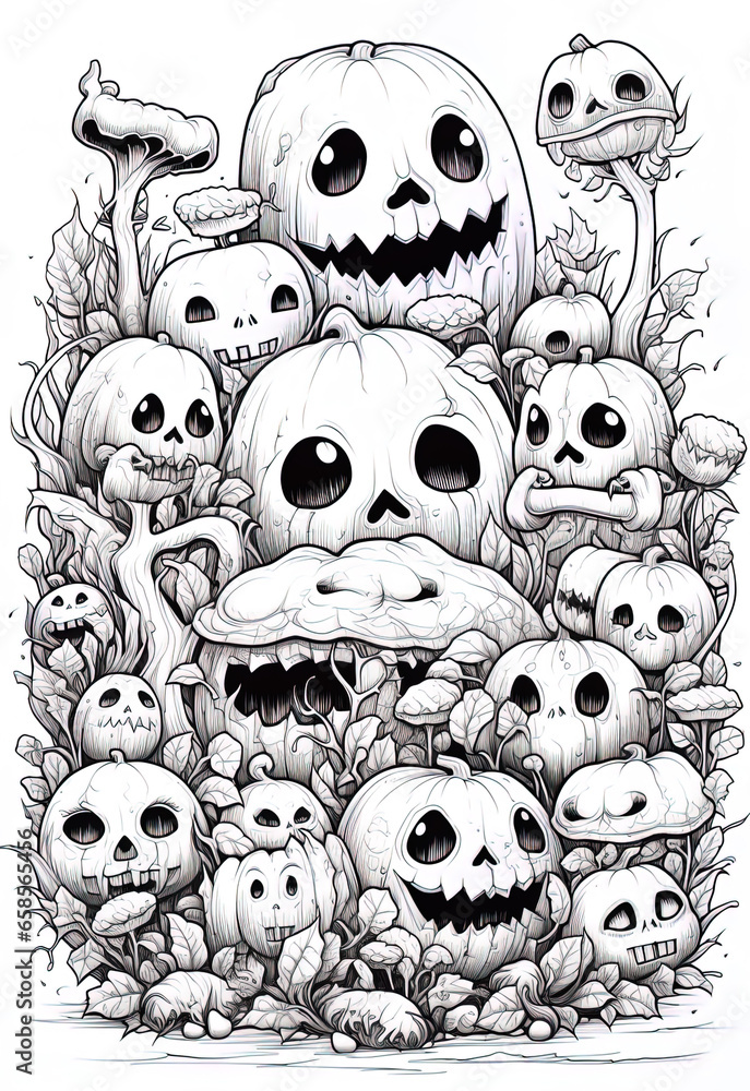 Black and white cartoon image, Halloween style., generative ai