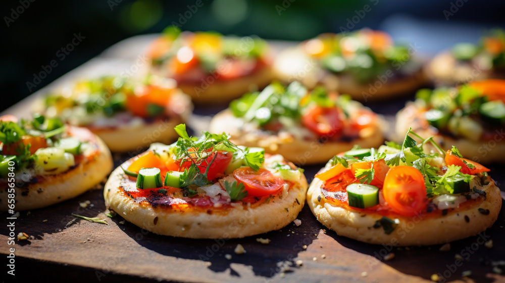 A scrumptious English muffin pizza: toasted muffin halves topped with rich tomato sauce, melted cheese, and your favorite toppings, a mini, cheesy delight. - obrazy, fototapety, plakaty 