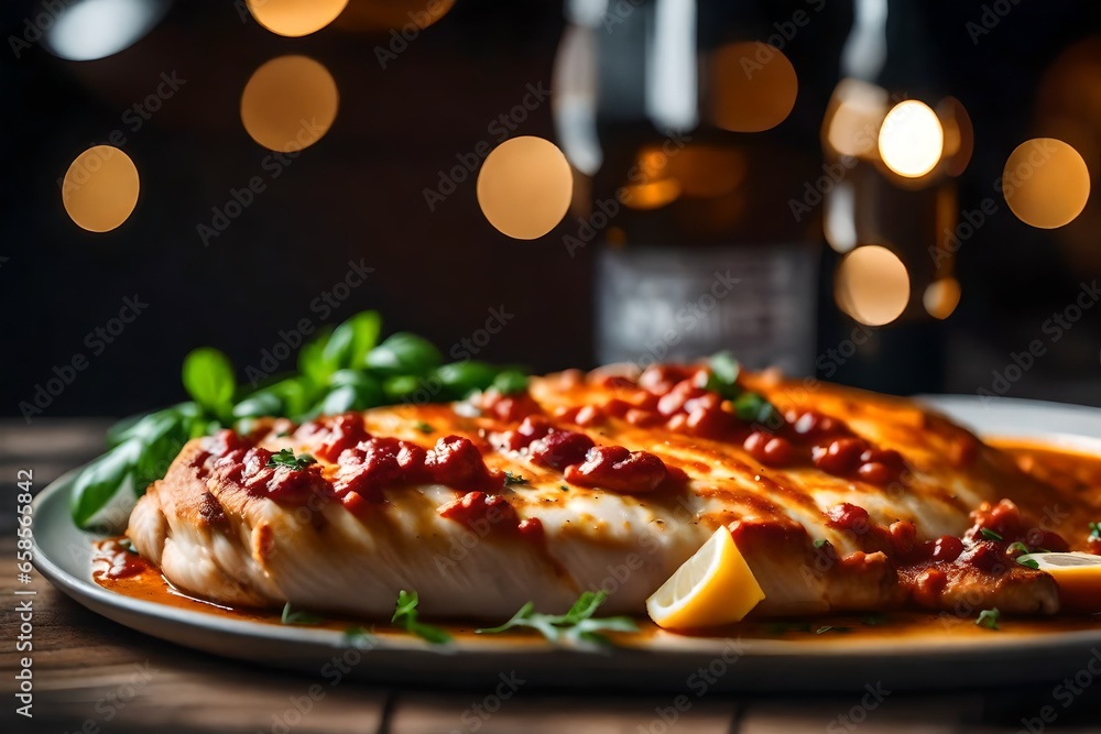 Φωτογραφία ﻿This text is about a picture of a popular meal known as Chicken Parmesan
