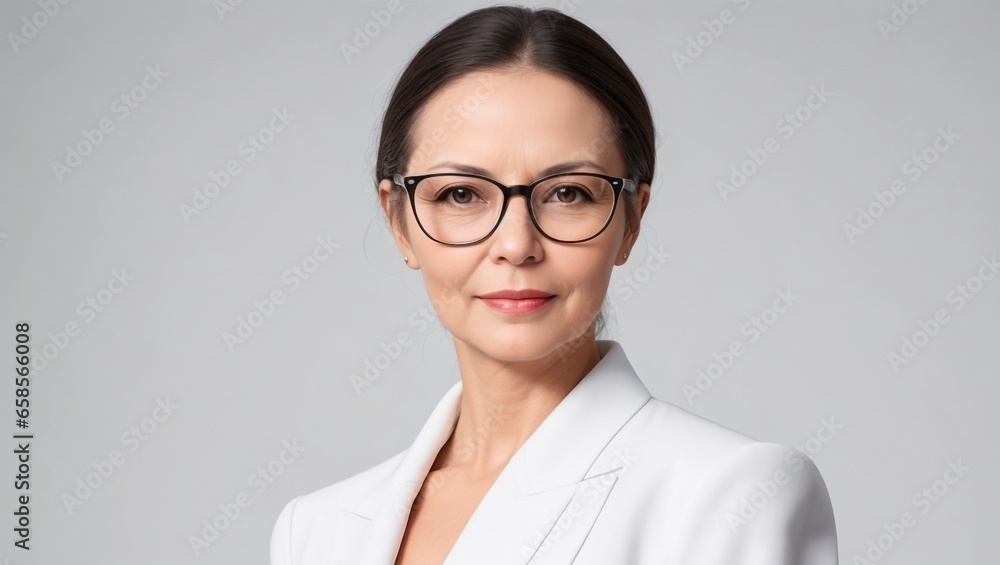 Portrait of attractive cheerful content wise intellectual business woman wearing specs. light gray background. Portrait of attractive cheerful content wise intellectual business woman wearing specs. light gray background.