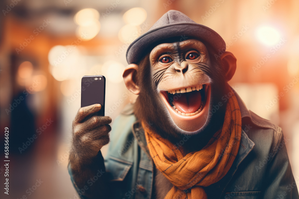 Monkey as happy tourist taking selfie on city street. He is dressed in casual clothes. Generative AI - obrazy, fototapety, plakaty 