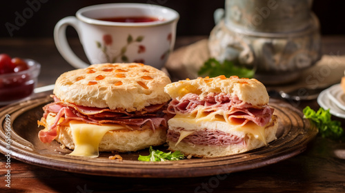 An English muffin Reuben breakfast sandwich: Toasted muffin with corned beef, sauerkraut, Swiss cheese, and tangy dressing, a savory, morning delight