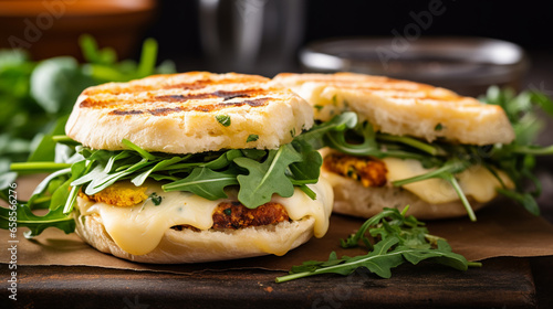 A toasted English muffin topped with creamy hummus, fresh arugula, and gooey mozzarella cheese, creating a mouthwatering, savory delight.