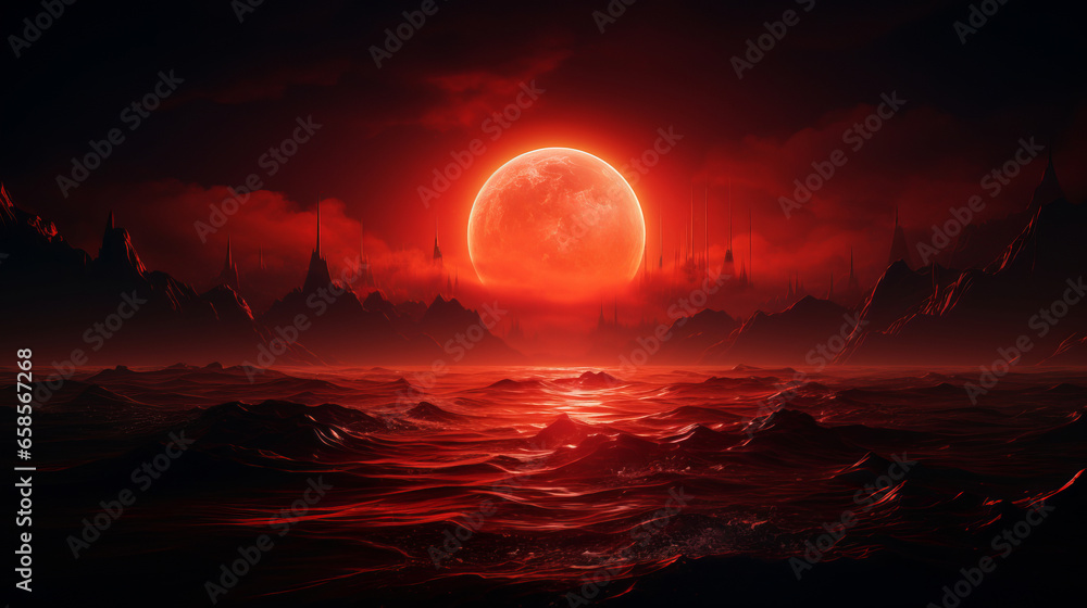 AI generated illustration of the sea illuminated by a bloody moon - obrazy, fototapety, plakaty 