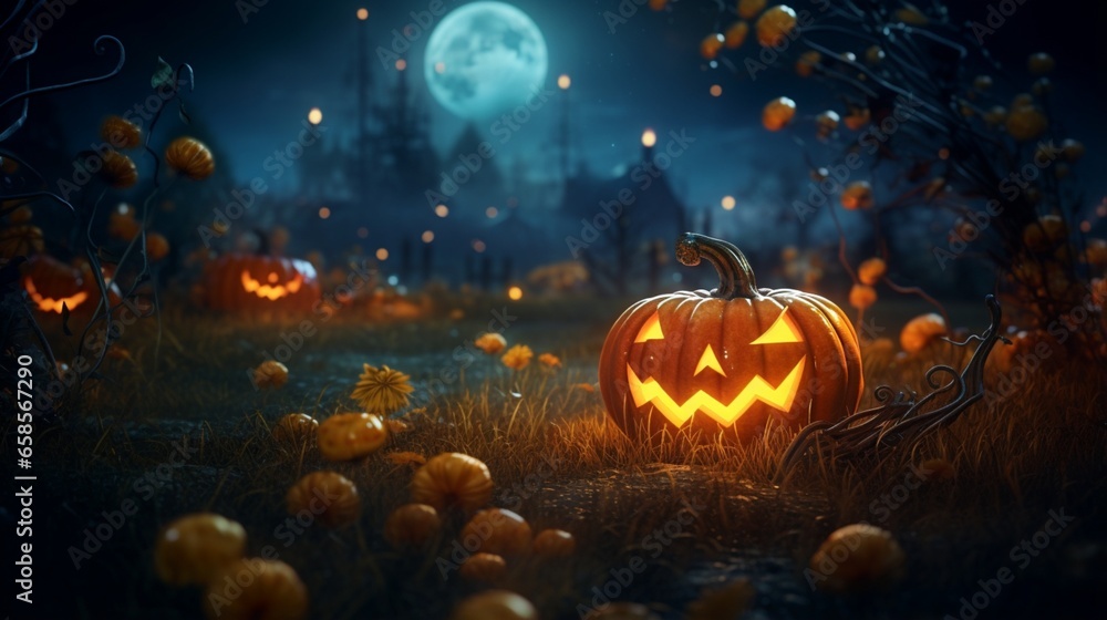 Fototapeta premium A pumpkin adorned with a swarm of ghostly fireflies, their soft glow illuminating the night with an eerie ambiance.