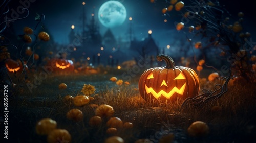 A pumpkin adorned with a swarm of ghostly fireflies, their soft glow illuminating the night with an eerie ambiance. 