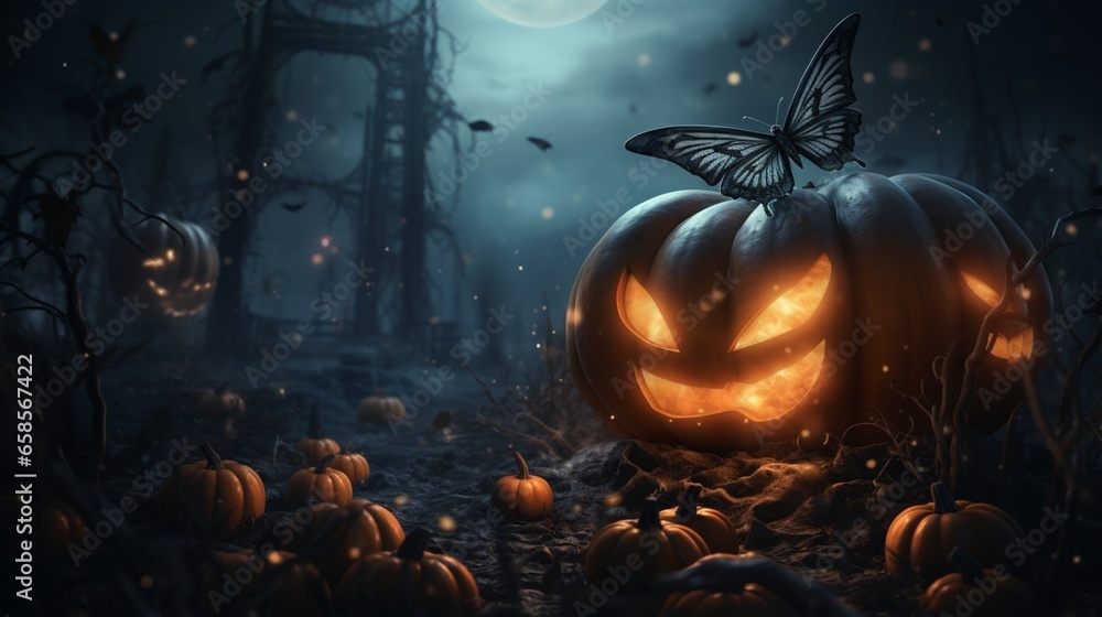 Fototapeta premium A pumpkin adorned with a swarm of ghostly butterflies, their translucent wings fluttering softly in the moonlight. 