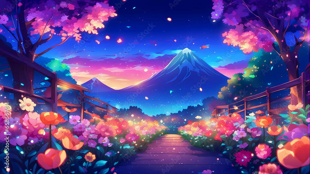 Flower garden at night with mount fuji in the background.