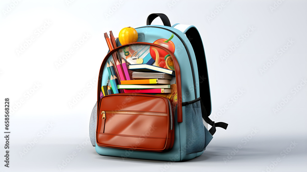 School bag with stationery on isolated backgroun School bag with stationery on isolated backgroun