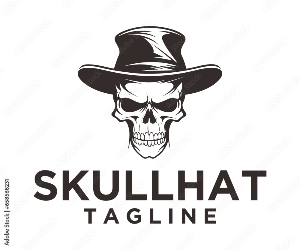 Skull cowboy drawing in a vintage retro logo design illustration