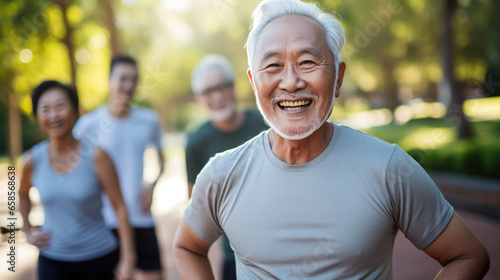 Elderly man exercising with friends in health park