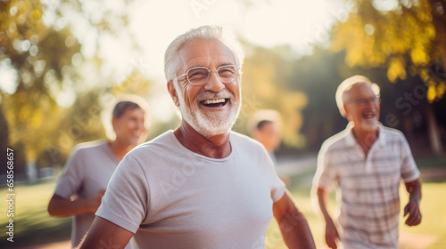 Elderly man exercising with friends in health park © EmmaStock
