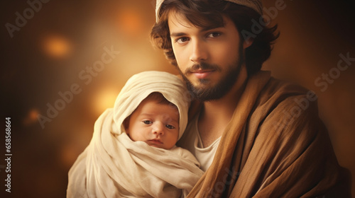 Portrait of Joseph with baby Jesus in his arms. Nativity of Jesus. Christmas concept.