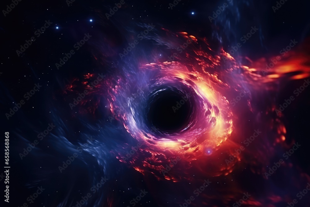 Black hole pulling vibrant nebulas into its core - Cosmic Phenomenon - rendered illustration - AI Generated