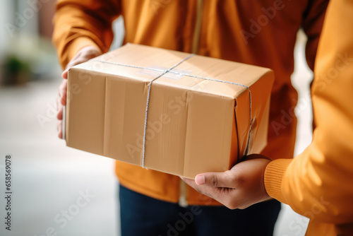 Parcel delivery person handing over a package to a recipient - fast delivery - AI Generated