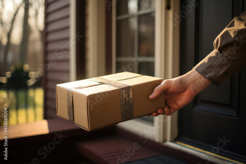 Parcel delivery person handing over a package to a recipient - fast delivery - AI Generated
