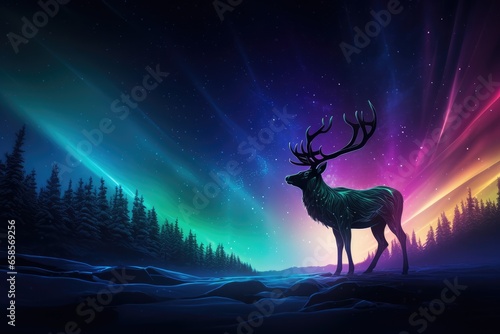 Reindeer Against Vibrant Northern Lights - Silhouette of a Lone Stag - AI Generated