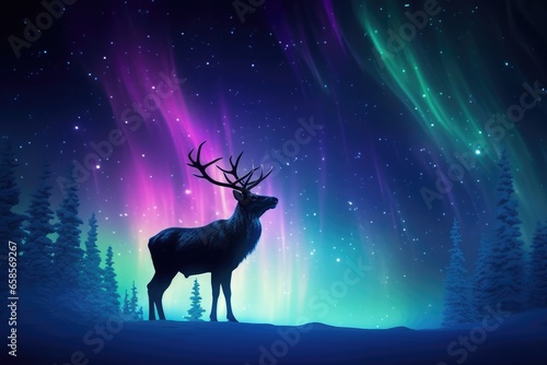 Reindeer Against Vibrant Northern Lights - Silhouette of a Lone Stag - AI Generated © Arthur