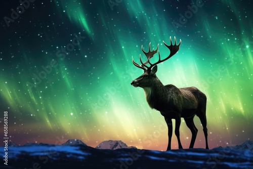 Reindeer Against Vibrant Northern Lights - Silhouette of a Lone Stag - AI Generated © Arthur