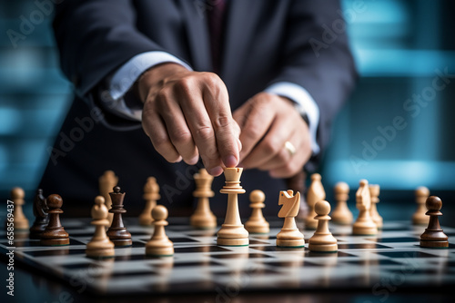 Obraz na płótnie A savvy businessman strategically moves chess pieces on the board game, showcasi