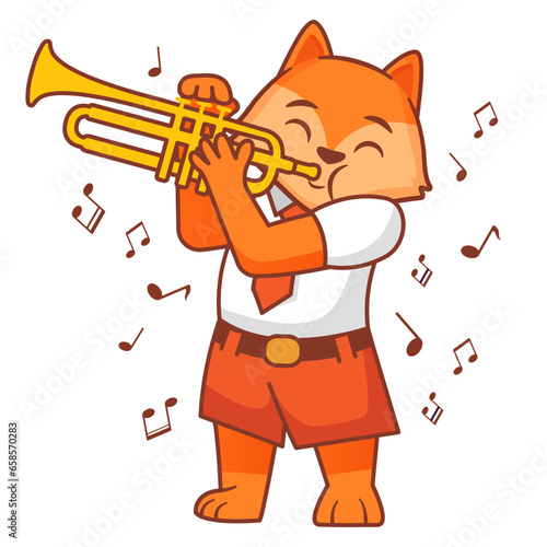 The fox plays the trumpet.Animal musician character.Line art vector illustration.Isolated on white background.
