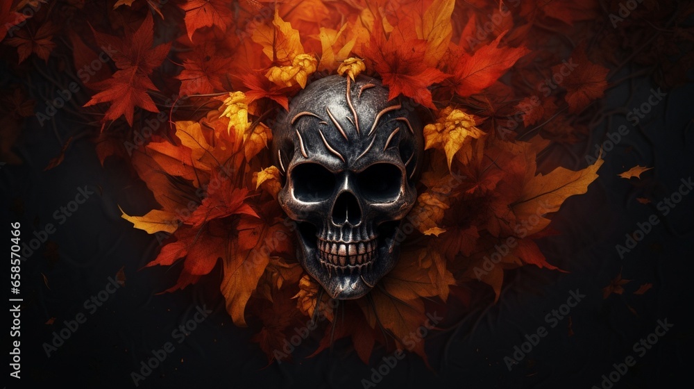 Halloween symbol with skull autumn leaves and dark natural background Symbolizes magic and mysticism - obrazy, fototapety, plakaty 