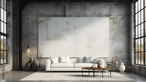 Living room interior background in industrial style ,mockup poster frame, 3d render