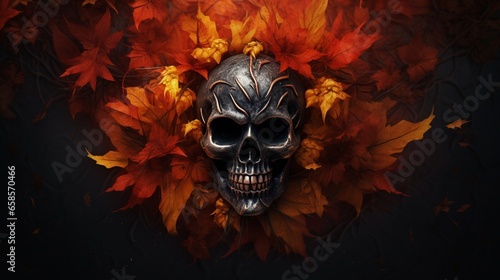 Halloween symbol with skull autumn leaves and dark natural background Symbolizes magic and mysticism photo