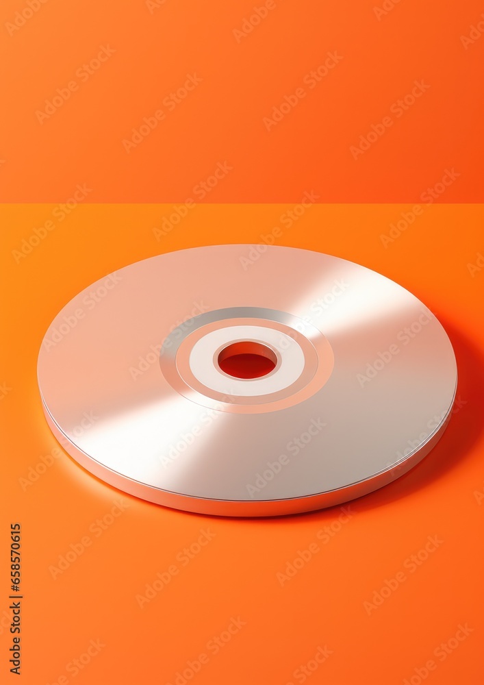 Gray CD on an orange background. Compact disc. Generative AI. Gray CD on an orange background. Compact disc. Generative AI.