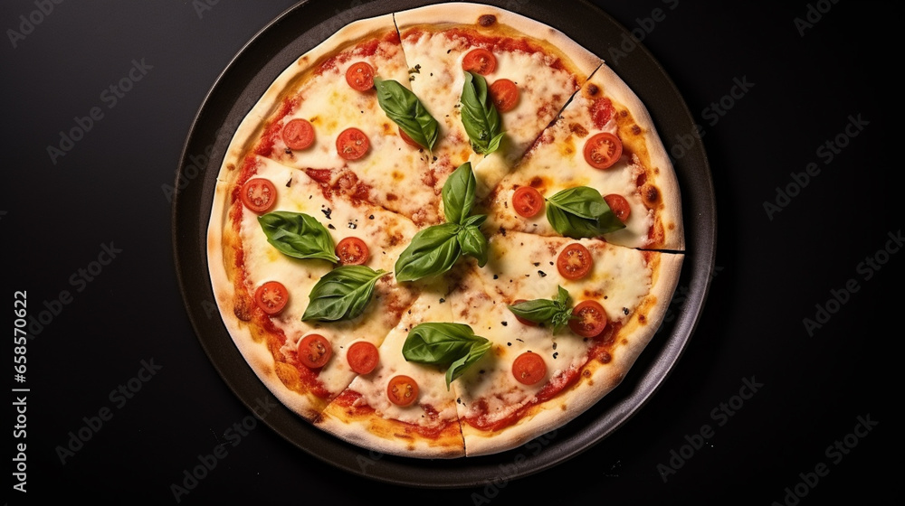 Top view pizza margherita food on black plate on white background
