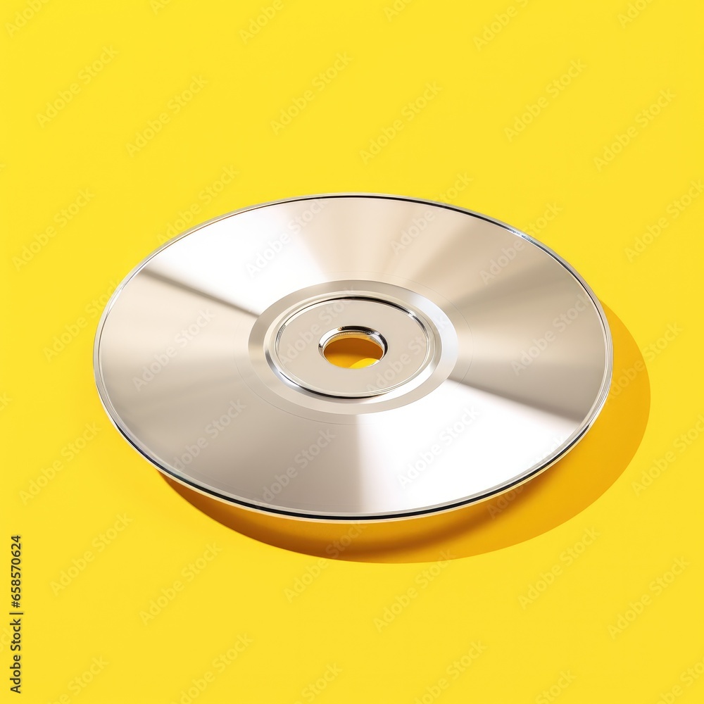 Gray CD on a yellow background. Compact disc. Generative AI. Gray CD on a yellow background. Compact disc. Generative AI.