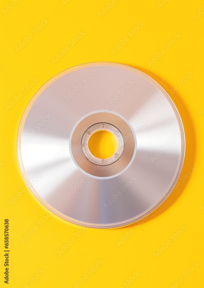 Gray CD on a yellow background. Compact disc. Generative AI. Gray CD on a yellow background. Compact disc. Generative AI.