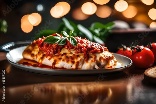 ﻿This text talks about a picture of a well-liked dish called Chicken Parmesan. This picture is a zoomed-in view of a plate. The area behind it is not clear, but it looks very nice.. AI Generated photo