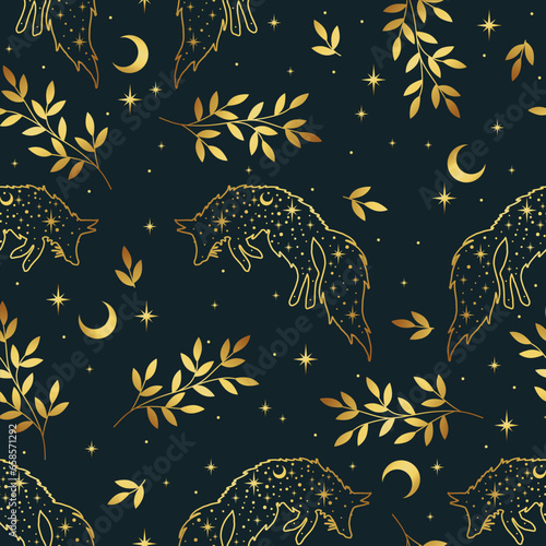 Magical seamless pattern with fox, plants, stars, moons. Gold colors. Boho pattern. Can be used for fabric, wallpaper, textile.