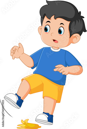 Cartoon little boy fell with banana peel