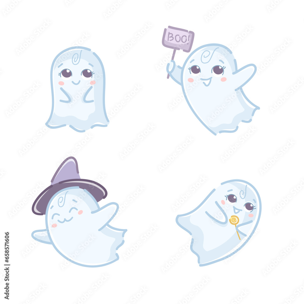 Cute blue ghost character for Halloween. A set of illustrations of the ghost character in different versions and poses. Can be used as stickers, character, mascot, greeting card, scrapbooking.
