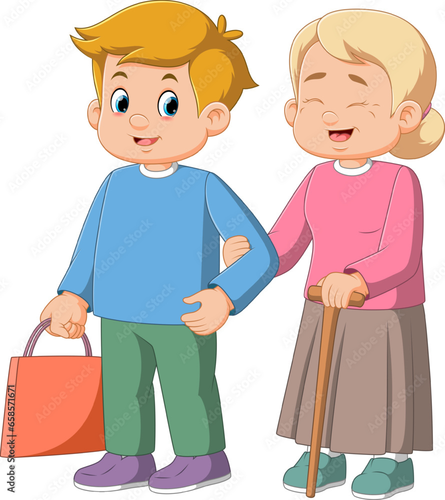 Young man social worker helping elder woman with grocery shopping Young man social worker helping elder woman with grocery shopping