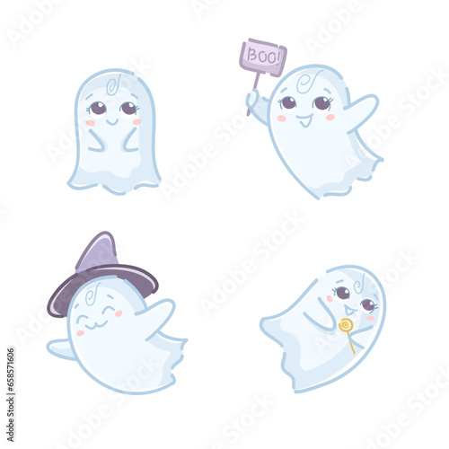 Cute blue ghost character for Halloween. A set of illustrations of the ghost character in different versions and poses. Can be used as stickers, character, mascot, greeting card, scrapbooking.
