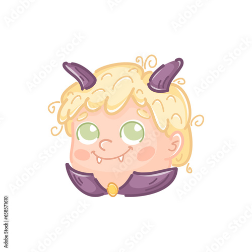 Little boy vampire Halloween. The character of a blond, curly boy in a vampire cloak, with devilish horns and fangs. Hand drawn style, doodle. As a character, sticker, mascot.