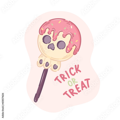 Halloween lollipop skull on a stick with fondant, with icing and confetti. Hand drawing and doodle style.