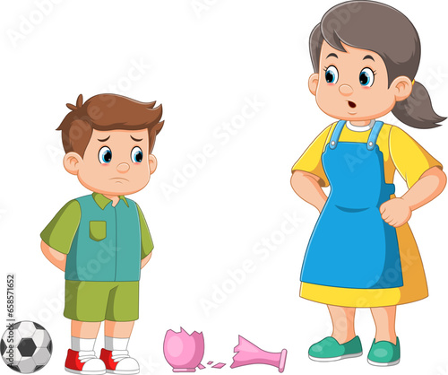 Angry mother scolding sad preschool son kid for breaking vase while playing football