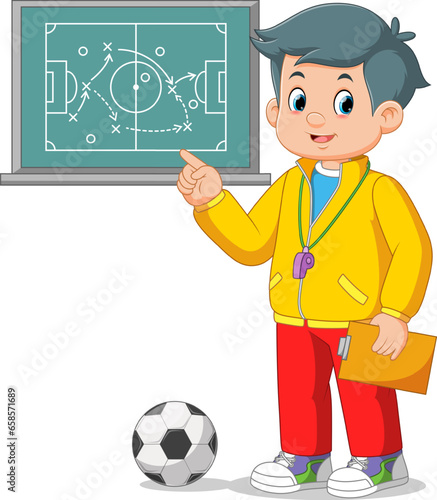Soccer coach man drawing game plan on chalk board playbook