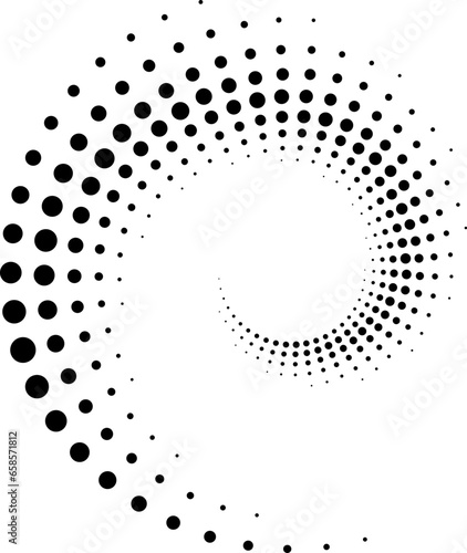 Concentric circle halftone dots. Abstract twisted dot shapes.
