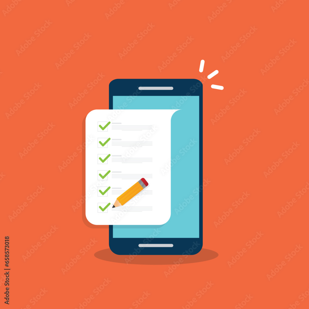 Check list document on smartphone, smartphone with paper check list and to do list with checkboxes, concept of survey, online quiz, completed things or done test, feedback. Check list document on smartphone, smartphone with paper check list and to do list with checkboxes, concept of survey, online quiz, completed things or done test, feedback.