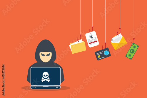Hacker with laptop computer stealing confidential data, personal information and credit card detail. Hacking concept.	