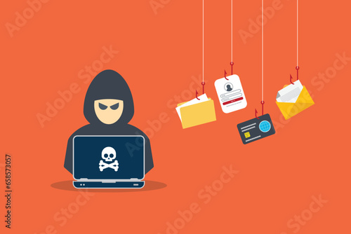 Hacker with laptop computer stealing confidential data, personal information and credit card detail. Hacking concept.	
